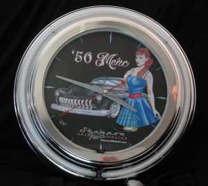 Pinup Clock Face 50 Merc Low Rider – Pinup Girl Double Neon Clock | Shannon Watts Art ...