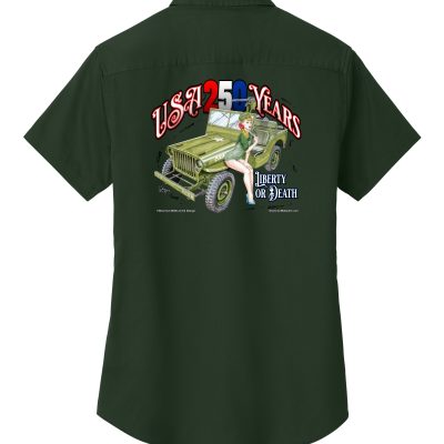 Ladies shirt dark green with USA 250 Years and jeep